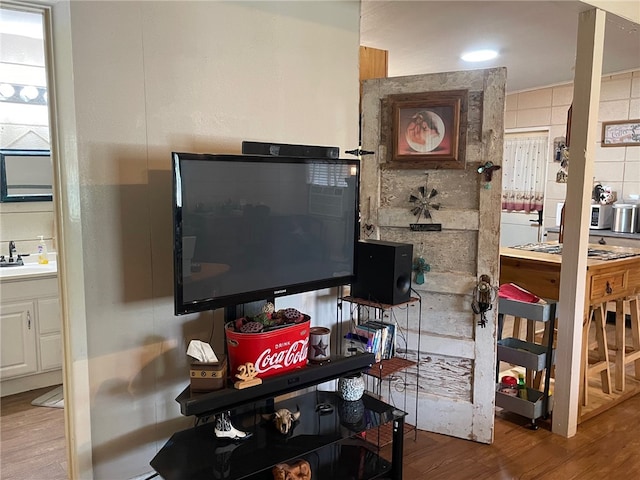 home office with sink and wood-type flooring