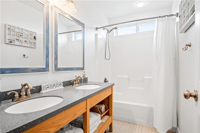 bathroom with shower / tub combo, vanity, and tile patterned flooring