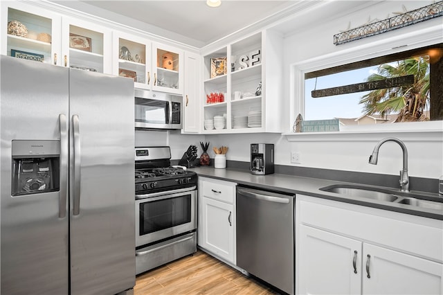 kitchen featuring white cabinets, light wood-type flooring, stainless steel appliances, and sink