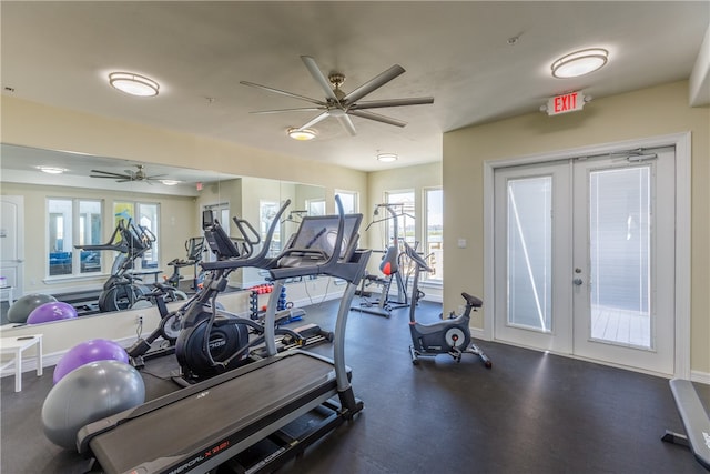 workout area with french doors and ceiling fan