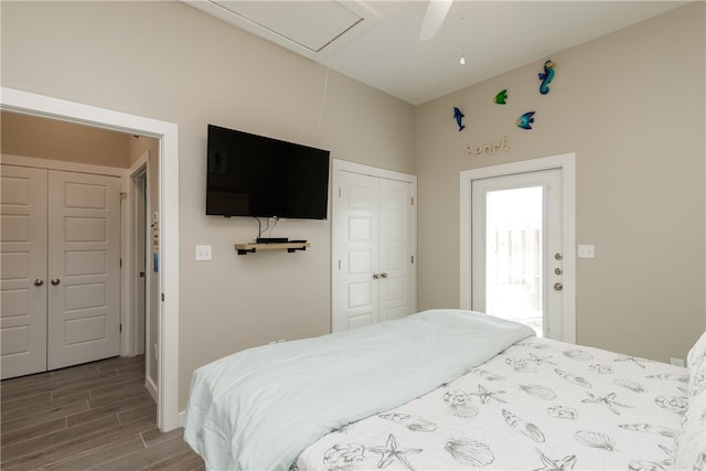 bedroom featuring hardwood / wood-style floors and ceiling fan