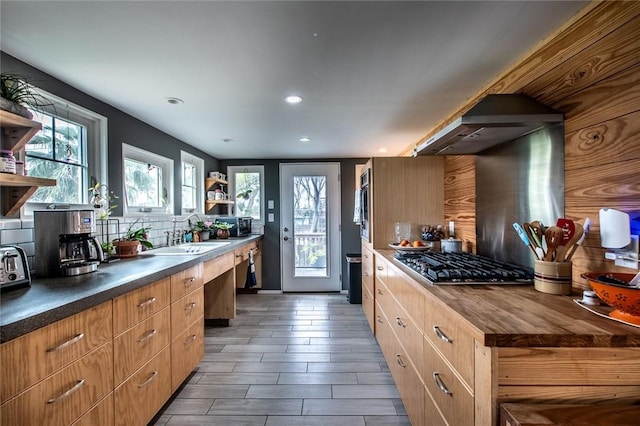 kitchen with wall chimney exhaust hood, wood counters, stainless steel appliances, open shelves, and a sink