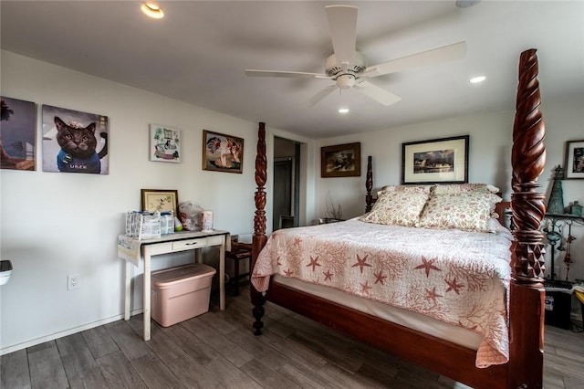 bedroom with baseboards, a ceiling fan, wood finished floors, and recessed lighting