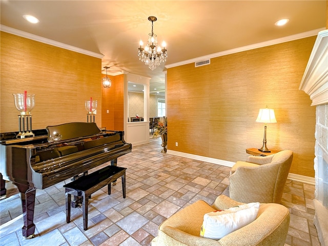 sitting room with wallpapered walls, baseboards, visible vents, crown molding, and recessed lighting