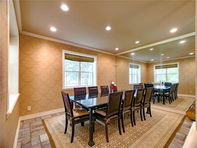 dining area featuring recessed lighting, crown molding, baseboards, and wallpapered walls