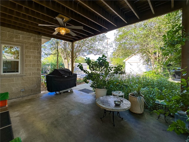 view of patio with a ceiling fan and area for grilling