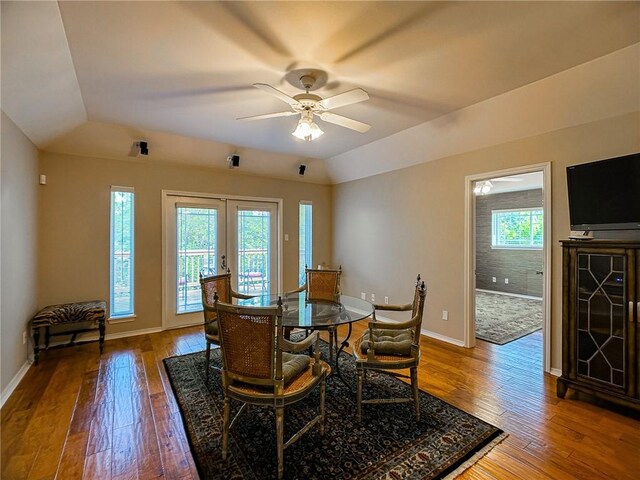 460 Del Mar Blvd, Corpus Christi, TX 78404 - dining space featuring lofted ceiling, wood-type flooring, a ceiling fan, french doors, and baseboards