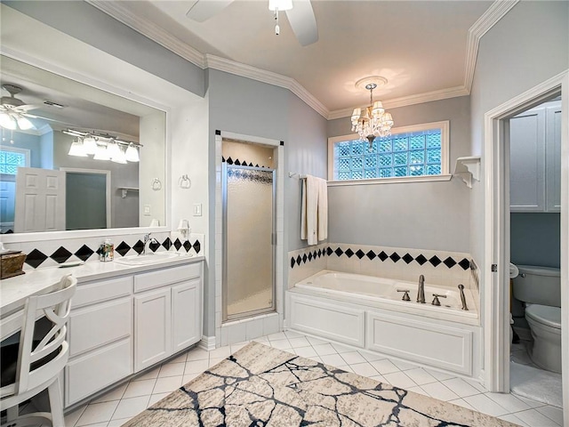 bathroom featuring ornamental molding, a stall shower, and toilet