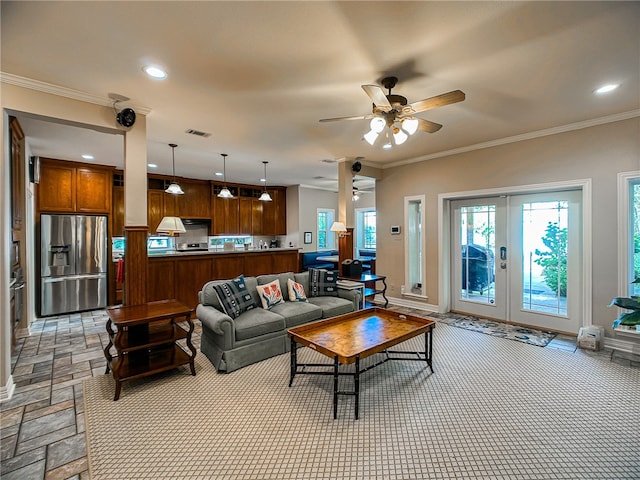 living room featuring french doors, crown molding, recessed lighting, visible vents, and baseboards