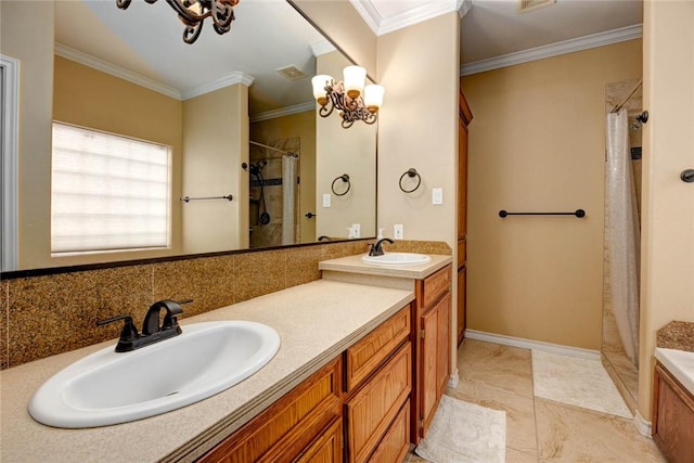 full bathroom with ornamental molding, a sink, and double vanity