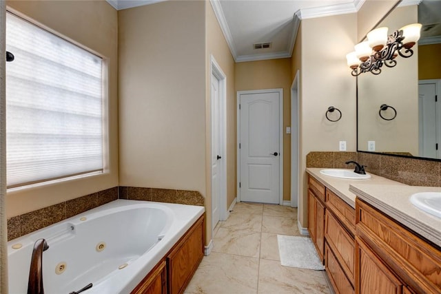 full bath with double vanity, visible vents, ornamental molding, a sink, and a tub with jets