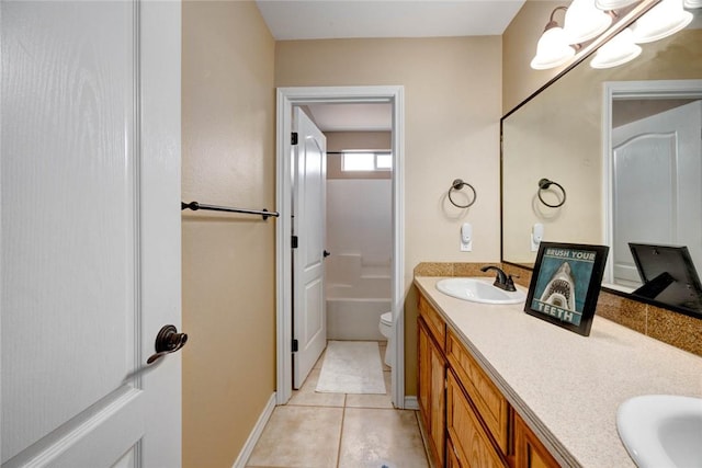 bathroom with shower / bathtub combination, toilet, a sink, tile patterned floors, and double vanity