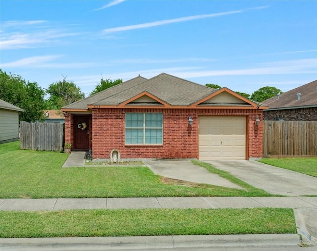 single story home featuring a garage and a front yard