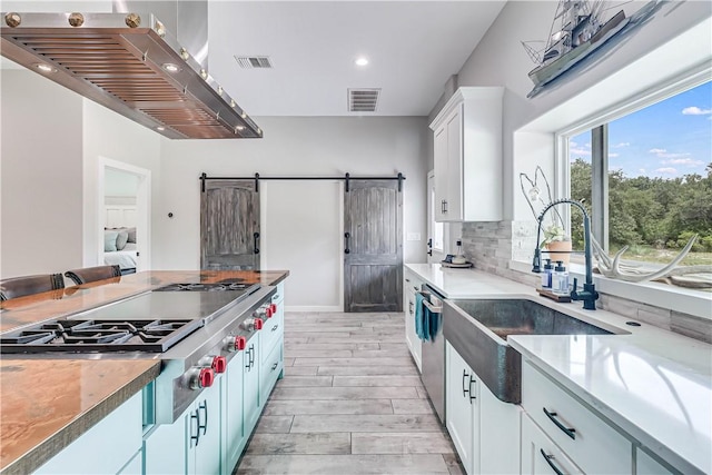 kitchen with sink, island exhaust hood, a barn door, decorative backsplash, and white cabinets