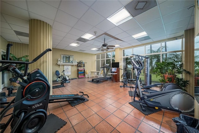 workout area featuring a wall of windows, a ceiling fan, and a paneled ceiling