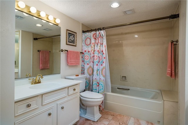 full bathroom with visible vents, shower / bath combo with shower curtain, toilet, a textured ceiling, and vanity