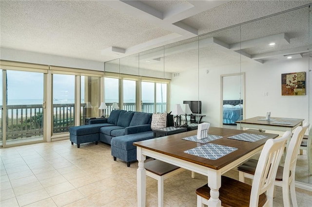 dining space featuring light tile patterned floors, recessed lighting, visible vents, and a textured ceiling