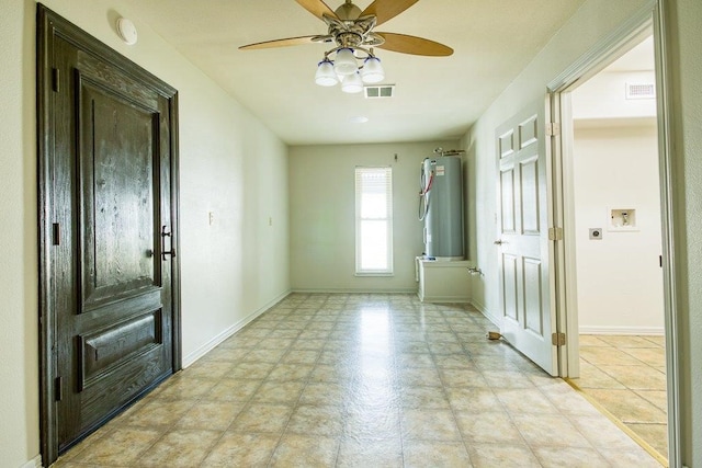 interior space with water heater and ceiling fan