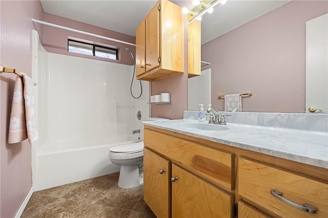 full bathroom featuring vanity, toilet, shower / bath combination, and a textured ceiling