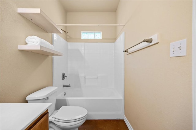 full bathroom with toilet, vanity, and bathing tub / shower combination