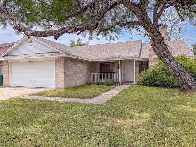 6918 Roseland Dr, Corpus Christi, TX 78414 - single story home featuring a chimney, an attached garage, brick siding, and a front lawn