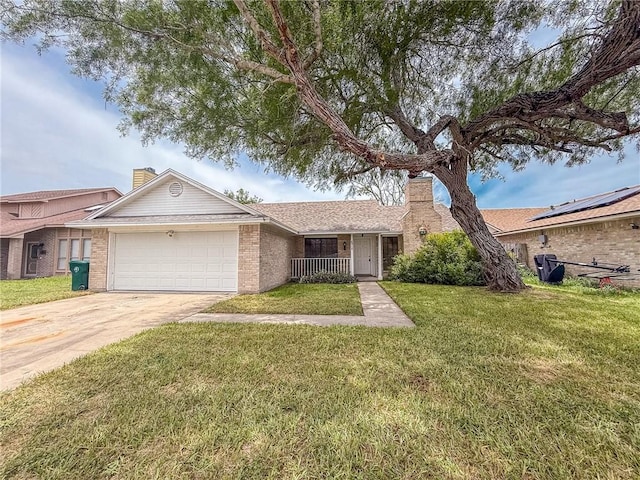 6918 Roseland Dr, Corpus Christi, TX 78414 - ranch-style home with a chimney, a garage, brick siding, a front lawn, and driveway