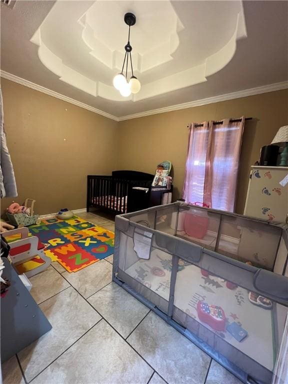 bedroom featuring a raised ceiling, crown molding, and tile patterned flooring