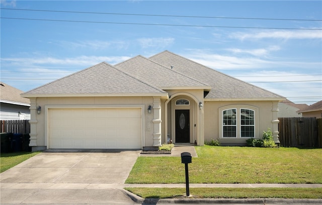 view of front facade featuring a front lawn and a garage