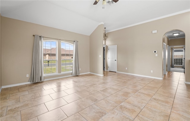 unfurnished room with ornamental molding, lofted ceiling, and ceiling fan