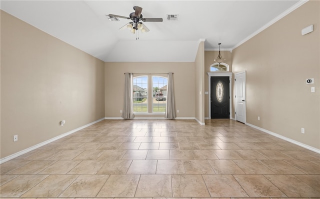 entrance foyer featuring ceiling fan, high vaulted ceiling, and crown molding