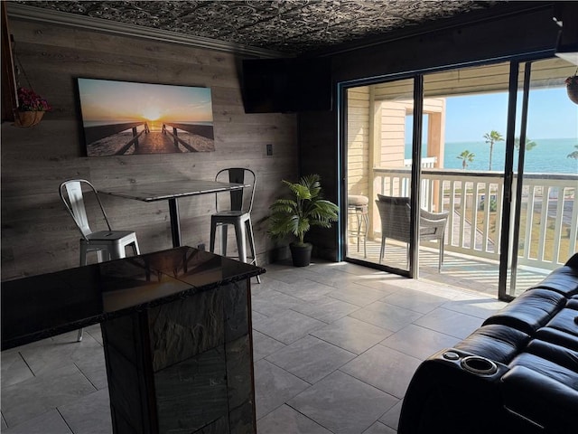 living room featuring wooden walls