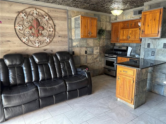 kitchen with stainless steel stove and ornamental molding