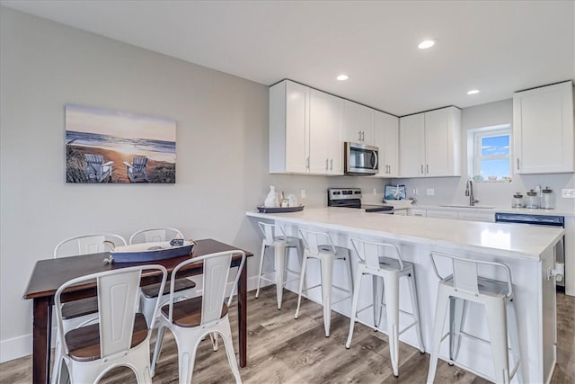 kitchen featuring white cabinetry, light wood-type flooring, stainless steel appliances, and sink