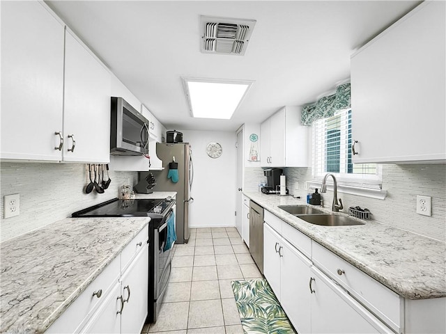 kitchen with white cabinets, a sink, stainless steel appliances, decorative backsplash, and visible vents