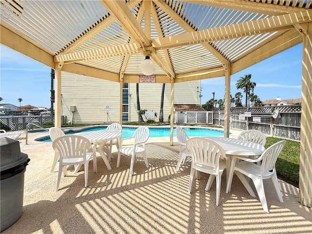 view of pool featuring a patio, a pergola, a fenced in pool, and a fenced backyard