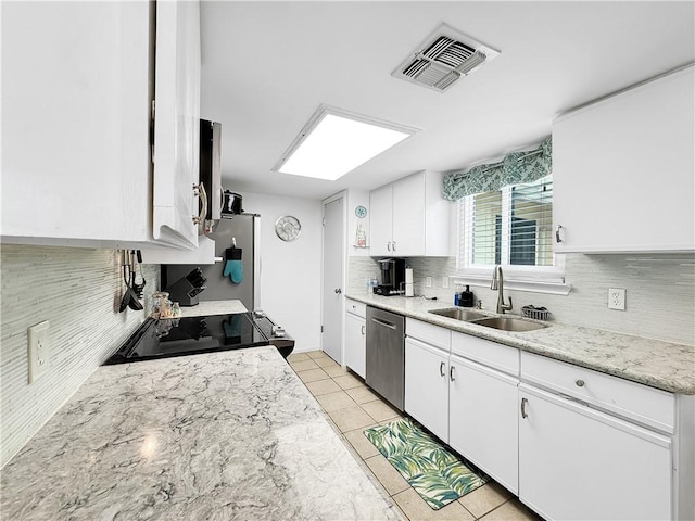 kitchen with a sink, tasteful backsplash, stainless steel dishwasher, visible vents, and black range with electric stovetop