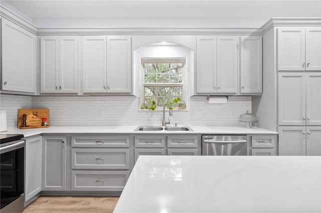 kitchen with tasteful backsplash, sink, gray cabinets, and appliances with stainless steel finishes