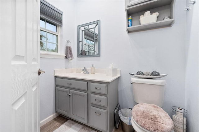 bathroom with vanity, wood-type flooring, and toilet