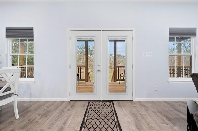 entryway featuring a wealth of natural light, french doors, and light wood-type flooring