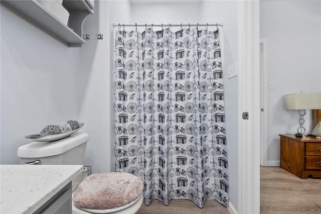 bathroom with vanity, wood-type flooring, toilet, and a shower with shower curtain