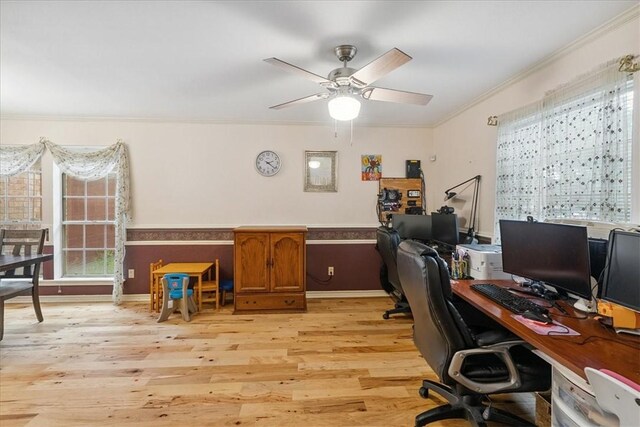 4537 Silver Hollow Dr, Corpus Christi, TX 78413 - office space with light wood-style flooring, crown molding, and a ceiling fan
