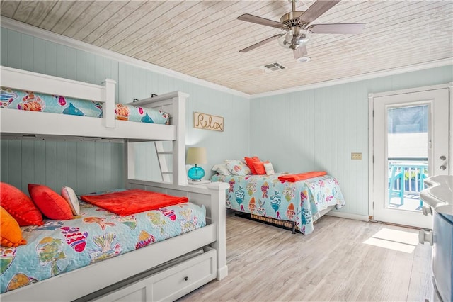 bedroom with wood ceiling, visible vents, access to outside, light wood finished floors, and crown molding