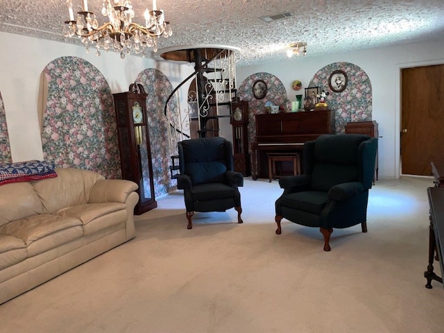 living room featuring carpet and a textured ceiling