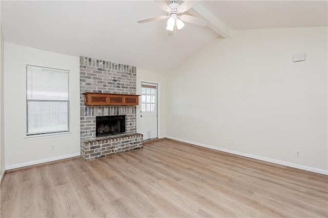 6117 Camwood Dr, Corpus Christi, TX 78415 - unfurnished living room with light wood-style flooring, a ceiling fan, a fireplace, and baseboards