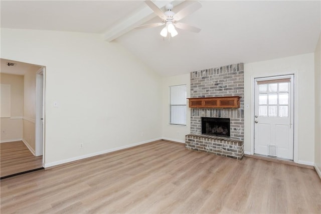 6117 Camwood Dr, Corpus Christi, TX 78415 - unfurnished living room featuring light wood-style floors, a ceiling fan, baseboards, and a fireplace