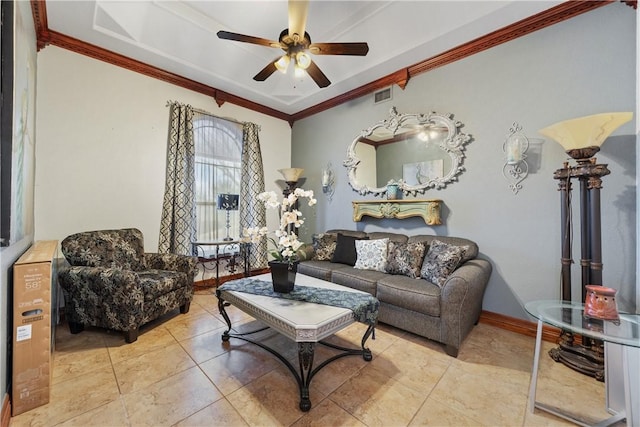 living room with crown molding and ceiling fan