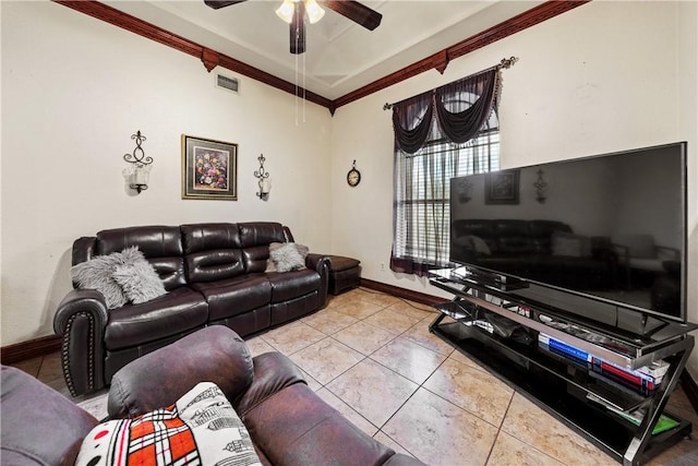 tiled living room featuring crown molding and ceiling fan