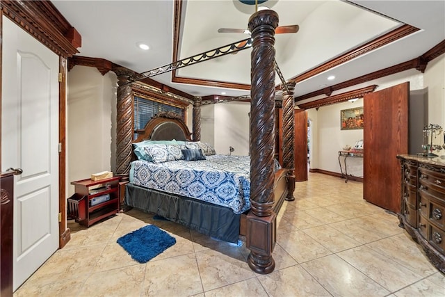 bedroom featuring crown molding and light tile patterned floors