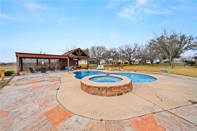 view of pool featuring a yard, a gazebo, a patio, and an in ground hot tub