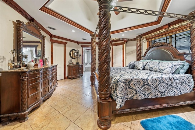 tiled bedroom featuring ornamental molding and ornate columns